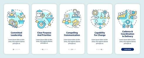 Government transformation disciplines onboarding mobile app screen. Walkthrough 5 steps editable graphic instructions with linear concepts. UI, UX, GUI template vector