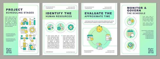 Project scheduling stages green brochure template. Leaflet design with linear icons. Editable 4 vector layouts for presentation, annual reports