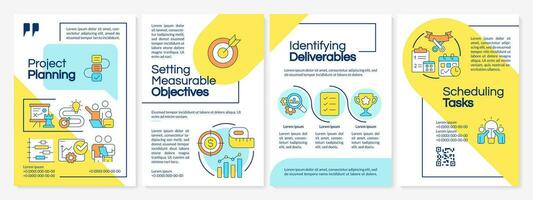 Project planning blue and yellow brochure template. Business strategy. Leaflet design with linear icons. Editable 4 vector layouts for presentation, annual reports