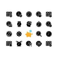 Time and clock black glyph icons set on white space. Working hours. Daily schedule. Tracking deadlines. Productivity management. Silhouette symbols. Solid pictogram pack. Vector isolated illustration