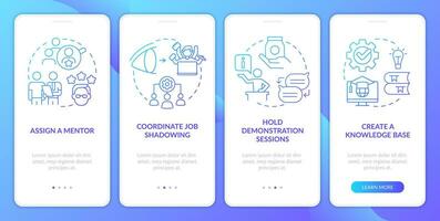 característica y solicitud formación azul degradado inducción móvil aplicación pantalla. recorrido 4 4 pasos gráfico instrucciones con lineal conceptos. ui, ux, gui modelo vector