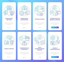 Employees trainings blue gradient onboarding mobile app screens set. Business walkthrough 4 steps graphic instructions with linear concepts. UI, UX, GUI template vector
