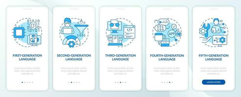 Programming language evolution blue onboarding mobile app screen. Walkthrough 5 steps editable graphic instructions with linear concepts. UI, UX, GUI template vector