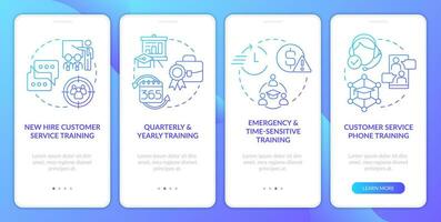 Customer service trainings blue gradient onboarding mobile app screen. Business walkthrough 4 steps graphic instructions with linear concepts. UI, UX, GUI template vector
