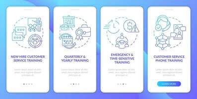 Customer service trainings blue gradient onboarding mobile app screen. Business walkthrough 4 steps graphic instructions with linear concepts. UI, UX, GUI template vector