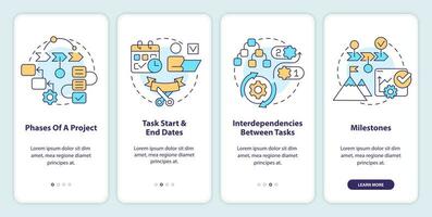 Project plan includes onboarding mobile app screen. Task management walkthrough 4 steps editable graphic instructions with linear concepts. UI, UX, GUI template vector