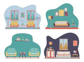 Set Interior of the living room, office workplace and bathroom with furniture. Flat cartoon style. Vector illustration