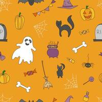 Halloween Seamless Vector Pattern. Traditional symbols set. Doodle style illustration. Vector illustration