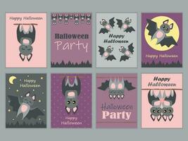 Halloween greeting Cards and Posters set. Cartoon Bat hanging on the tree and flying bat. Vector illustration