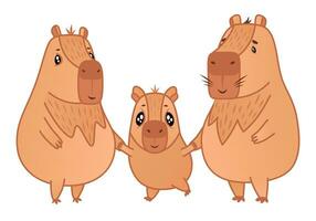 Cute capybaras characters family stand holding hands. Mum, dad and child. Cartoon animal sticker. Vector illustration