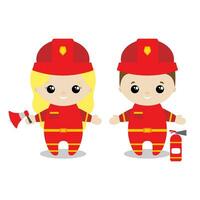 Boy and girl fireman cartoon style. Set of cute cartoon children in professions. Vector illustration
