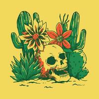 illustration of a skull on various plants in the desert such as cactus, aloe, flowers. hand drawn style, line art, colorful. perfect for t-shirt, print, sticker or merchandise. vector graphic.