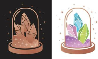 Magic Crystal gemstone colors in a bottle surrounded by stars, Vector Illustration.