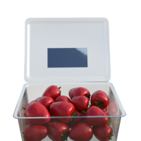 a plastic container filled with red strawberries png