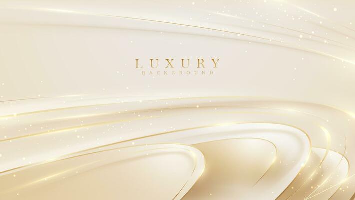 Elegant cream color shape overlap gold ribbon elements and light effects decorations and bokeh. Luxury style background.