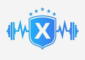 Letter X Gym Fitness Logo Design Concept With Barbell Shield and Start Icon. Bodybuild Gym Symbol vector