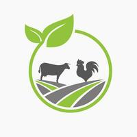 Agriculture Logo Design Concept With Cow and Rooster Icon. Farming Logotype Symbol Template vector