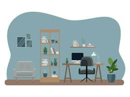 Interior of the office workplace with furniture. Flat cartoon style. Vector illustration