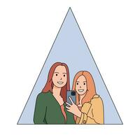 Girls makes selfie in the mirror. Friends or sisters. Women taking picture photo of herself on smartphone. Fashion, Social media concept. Flat outline style. Vector illustration