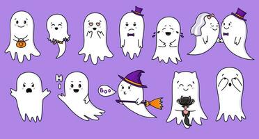 Cute ghost. Halloween ghosts characters with different emotions. Spooky expression creature sticker. Vector illustration