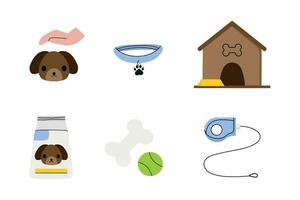 Dogs stuff icon set with accessories for pets, flat style, isolated on white background. vector