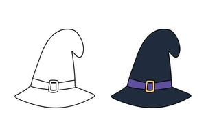 Cute cartoon Wide Brimmed Witch Hat with Conical Crown coloring book for children. vector