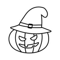 Doodle illustration of a cute cartoon carved Halloween pumpkin lantern with happy smile and pointed witch hat vector