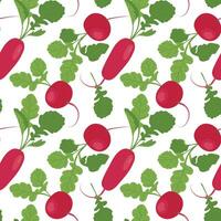 Red radish seamless pattern on white background. Vector vegetable in flat style. Background for kitchen textiles, pattern of fresh vegetables in cartoon style.