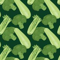 Flat style green vegetables. pattern vector. Broccoli, zucchini and a bunch of celery leaves on a green background. Healthy ripe agricultural vegetables suitable for detox, vitamin smoothie. vector