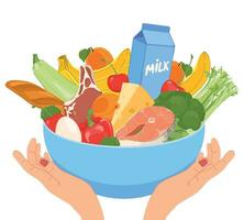 World Food Day. Human hands hold a plate with healthy food. Vector illustration. Food in flat style. Vegetables, fruits, meat, fish, bread, milk, cheese, eggs in a blue bowl.