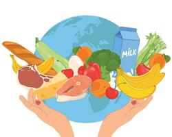 The concept of the importance of food safety, responsible nutrition and the elimination of food waste. Human hands hold the globe. Food in flat style. vector