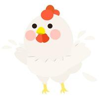 Cute little white chicken, full body, trying to fly with wing raise, front face. Isolated on white background, EPS10 vector