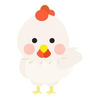 Cute little white chicken, full body, standing with hand raise, front face. Isolated on white background, EPS10 vector