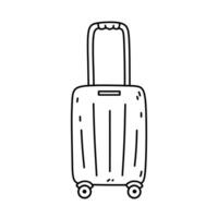 Suitcase on wheels with a handle isolated on white background. Vector hand-drawn illustration in doodle style. Perfect for cards, decorations, logo, various designs.