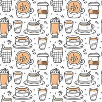 Cute seamless pattern with coffee cups - americano, cappuccino, mocha, latte. Vector hand-drawn illustration in doodle style. Perfect for print, menu, wrapping paper, wallpaper, various designs.