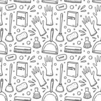 Seamless pattern with cleaning items - rubber gloves, soap, scrub brushes, plunger, washing powder, dustpan. Vector hand-drawn illustration in doodle style. Perfect for print, wallpaper, decorations.