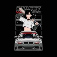 drift wars car vector illustration with baseball bat woman character, for printing and other uses.