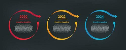 Simple gradient timeline presentation step infographic layout with ribbon arrow shape on dark background vector