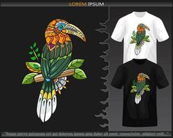 Colorful Hornbil bird mandala arts isolated on black and white t shirt. vector