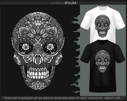 Monochrome Skull head mandala arts isolated on black and white t shirt. vector