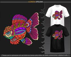 vistoso pez de colores mandala letras aislado en negro y blanco t camisa. vector