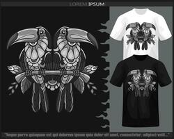 Monochrome Hornbill bird mandala arts isolated on black and white t shirt. vector