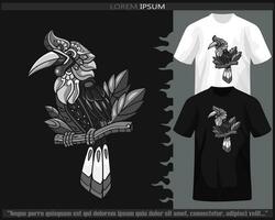 Monochrome Hornbill bird mandala arts isolated on black and white t shirt. vector