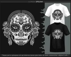 Monochrome Skull head mandala arts isolated on black and white t shirt. vector