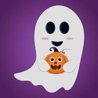 Ghost with a pumpkin on dark background, traditional Halloween design element. vector