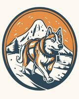 husky dog running in the mountains with a mountain in the background vector