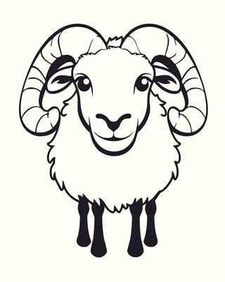 a black and white drawing of a ram with horns