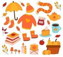 otoño elementos. acogedor suéter, sombrero, bufanda y medias, sombrilla. cesta calabazas, libros, velas caucho botas. calabaza tarta. tetera y baya mermelada. plano vector conjunto