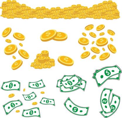 Money paper bill and gold coin set vector.
