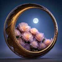 Beautiful crystal crescent moon with flowers photo